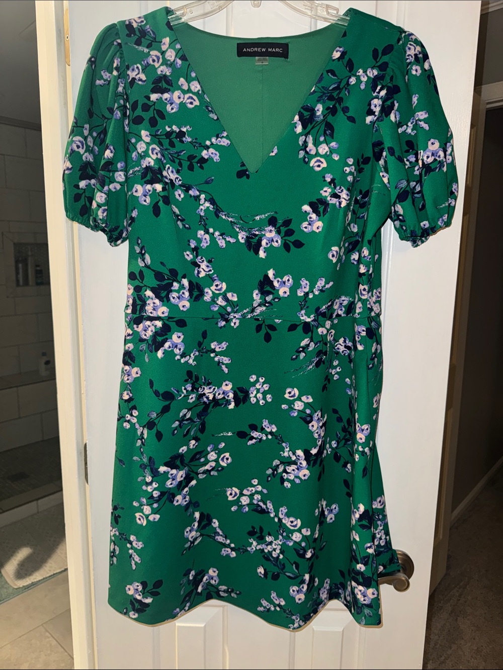Green Floral V-Neck Mini Dress with Puff Sleeves
